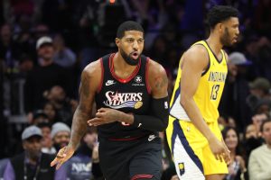 Dec 12, 2025; Philadelphia, Pennsylvania, USA; Philadelphia 76ers forward Paul George (8) reacts to his three pointer against the Indiana Pacers during the third quarter at Xfinity Mobile Arena.