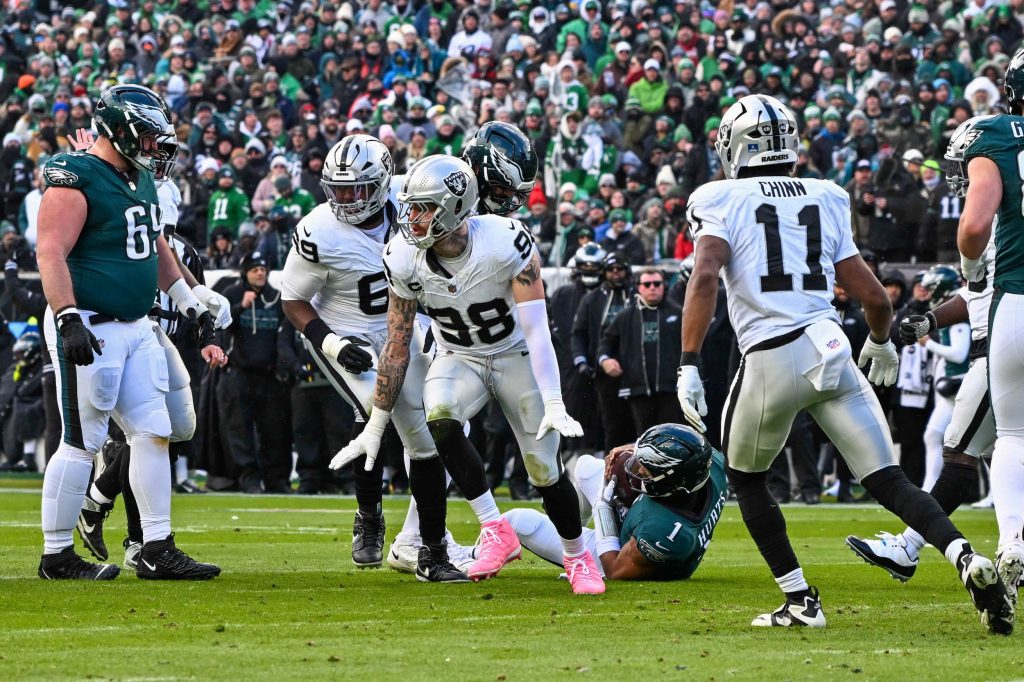 Dec 14, 2025; Philadelphia, Pennsylvania, USA; Las Vegas Raiders defensive end Maxx Crosby (98) celebrates his sacks of Philadelphia Eagles quarterback Jalen Hurts (1) during the second quarter at Lincoln Financial Field.