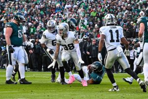 Dec 14, 2025; Philadelphia, Pennsylvania, USA; Las Vegas Raiders defensive end Maxx Crosby (98) celebrates his sacks of Philadelphia Eagles quarterback Jalen Hurts (1) during the second quarter at Lincoln Financial Field.
