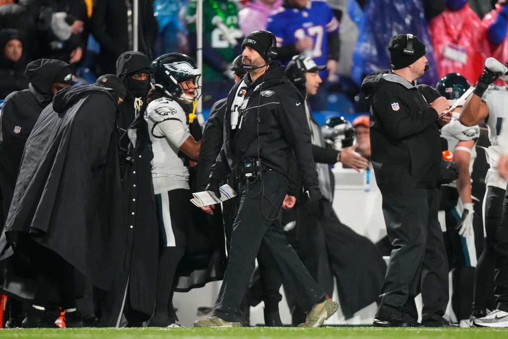 Dec 28, 2025; Orchard Park, New York, USA; Philadelphia Eagles head coach Nick Sirianni walks on the sideline during the second quarter against the Buffalo Bills at Highmark Stadium.
