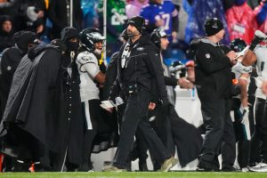 Dec 28, 2025; Orchard Park, New York, USA; Philadelphia Eagles head coach Nick Sirianni walks on the sideline during the second quarter against the Buffalo Bills at Highmark Stadium.