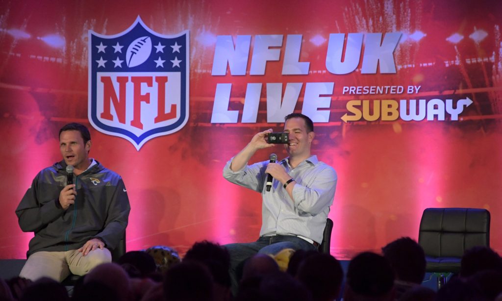 Sep 23, 2017; London, England, United Kingdom; Jacksonville Jaguars former tackle Tony Boselli (left) and NFL former lineman Ross Tucker speak during NFL UK Live at the Landmark Hotel.