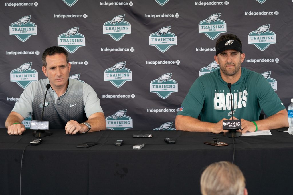 Jul 28, 2021; Philadelphia, PA, USA; Philadelphia Eagles general manager Howie Roseman (L) and head coach Nick Sirianni (R) speak with the media at training camp at NovaCare Complex.