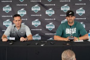Jul 28, 2021; Philadelphia, PA, USA; Philadelphia Eagles general manager Howie Roseman (L) and head coach Nick Sirianni (R) speak with the media at training camp at NovaCare Complex.