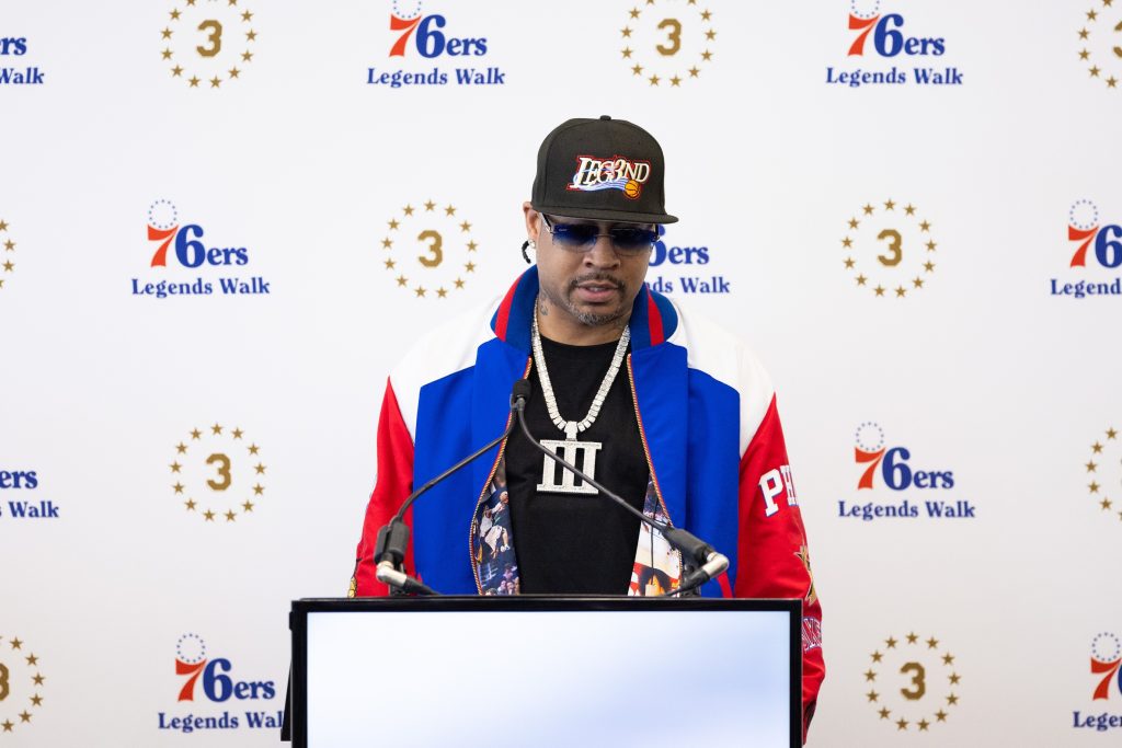 Apr 12, 2024; Camden, NJ, USA; Philadelphia 76ers great Allen Iverson speaks at the podium during the unveiling of a statue honoring him in a ceremony at Penn Medicine Philadelphia 76ers Training Complex.