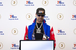 Apr 12, 2024; Camden, NJ, USA; Philadelphia 76ers great Allen Iverson speaks at the podium during the unveiling of a statue honoring him in a ceremony at Penn Medicine Philadelphia 76ers Training Complex.