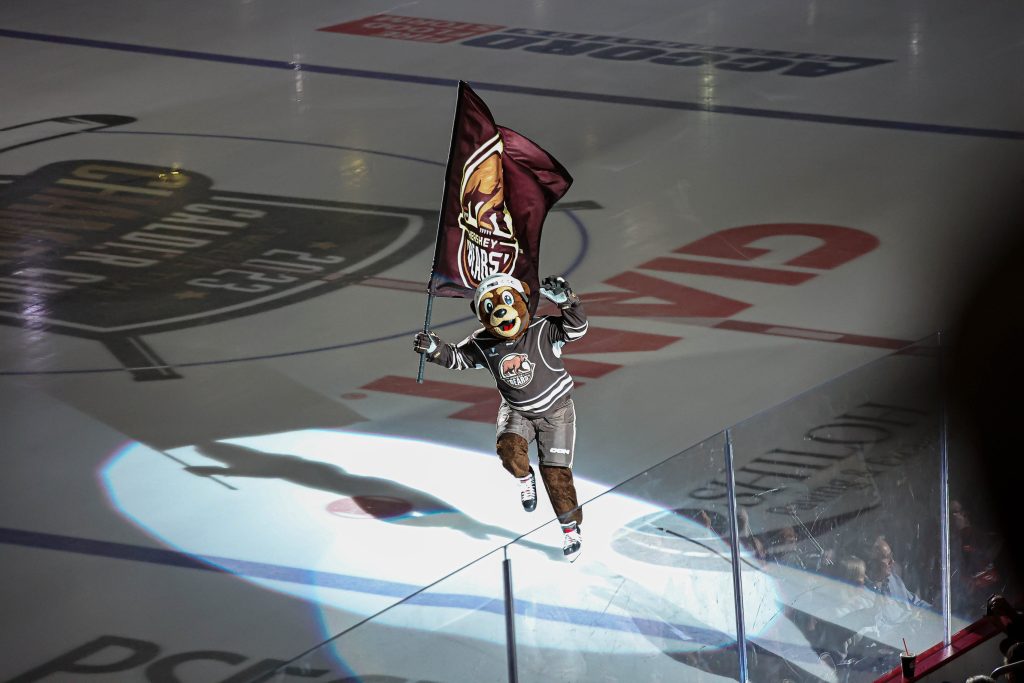 Coco enters the ice and gets the crowd of 11,013 fired up. The Hershey Bears hosted the Coachella Valley Firebirds Game 6 of the Calder Cup Finals at Giant Center on Monday June 24, 2024. The Bears defeated the Firebirds, 5-4 in OT to claim their 13th Calder Cup Championship and their second in a row.