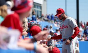 Mar 2, 2025; Dunedin, Florida, USA; Philadelphia Phillies outfielder Justin Crawford (80) signs autographs for fans before a game against the Toronto Blue Jays during spring training at TD Ballpark.