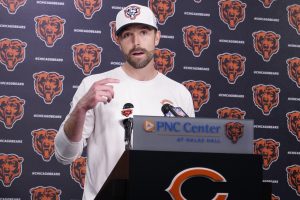May 10, 2025; Lake Forest, IL, USA; Chicago Bears offensive coordinator Declan Doyle answers questions after rookie minicamp at Halas Hall.