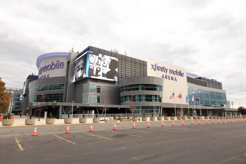 Oct 25, 2025; Philadelphia, Pennsylvania, USA; General view of the exterior of Xfinity Mobile Arena before a game between the Philadelphia 76ers and the Charlotte Hornets.