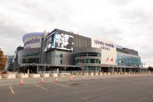 Oct 25, 2025; Philadelphia, Pennsylvania, USA; General view of the exterior of Xfinity Mobile Arena before a game between the Philadelphia 76ers and the Charlotte Hornets.