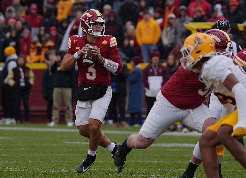 Iowa State Cyclones' quarterback Rocco Becht (3) looks for pass against Arizona State during the first quarter in the Big-12 showdown at jack Trice Stadium on Nov. 1, 2025, in Ames, Iowa.