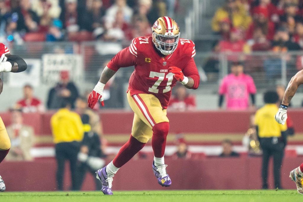 November 24, 2025; Santa Clara, California, USA; San Francisco 49ers offensive tackle Trent Williams (71) during the first quarter against the Carolina Panthers at Levi's Stadium.