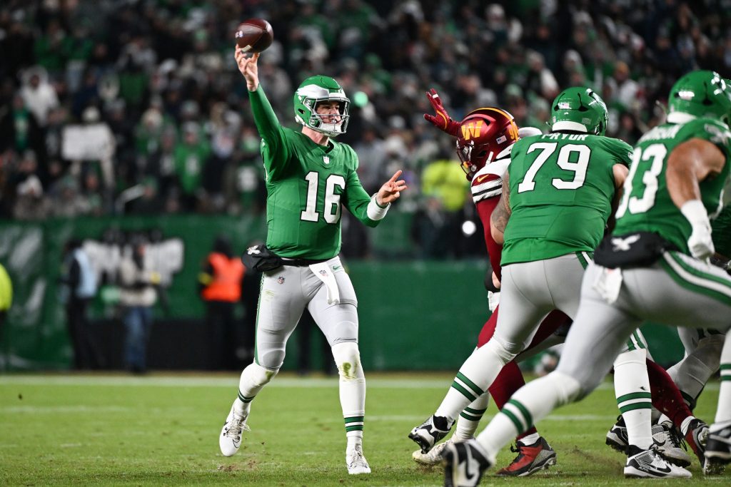 Jan 4, 2026; Philadelphia, Pennsylvania, USA; Philadelphia Eagles quarterback Tanner McKee (16) throws a pass during the second quarter against the Washington Commanders at Lincoln Financial Field.