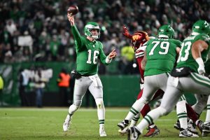 Jan 4, 2026; Philadelphia, Pennsylvania, USA; Philadelphia Eagles quarterback Tanner McKee (16) throws a pass during the second quarter against the Washington Commanders at Lincoln Financial Field.