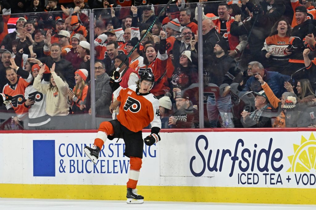 Jan 6, 2026; Philadelphia, Pennsylvania, USA; Philadelphia Flyers center Trevor Zegras (46) reacts after scoring goal against the Anaheim Ducks during the first period at Xfinity Mobile Arena.