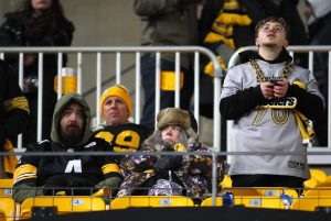 Pittsburgh Steelers’ fans look on as the Steelers fall 30-6 to the Houston Texans during the NFL Wild Card game at Acrisure Stadium in Pittsburgh, PA on January 12, 2026.
