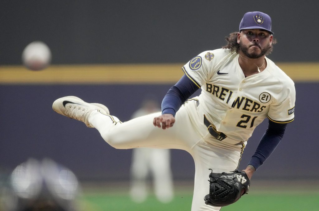 Milwaukee Brewers pitcher Freddy Peralta throws during the first inning of their game against the Los Angeles Angels Tuesday, September 16, 2025 at American Family Field in Milwaukee, Wisconsin.Mark Hoffman/Milwaukee Journal Sentinel