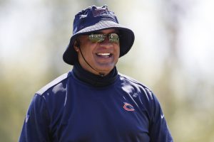 Aug 22, 2020; Lake Forest, Illinois, USA; Chicago Bears offensive line coach Juan Castillo smiles during training camp at Halas Hall.