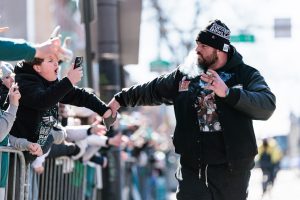 Feb 14, 2025; Philadelphia, PA, USA; Philadelphia Eagles guard Landon Dickerson (69) celebrates during the Super Bowl LIX championship parade and rally.