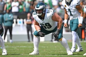 Sep 21, 2025; Philadelphia, Pennsylvania, USA; Philadelphia Eagles guard Landon Dickerson (69) against the Los Angeles Rams at Lincoln Financial Field.
