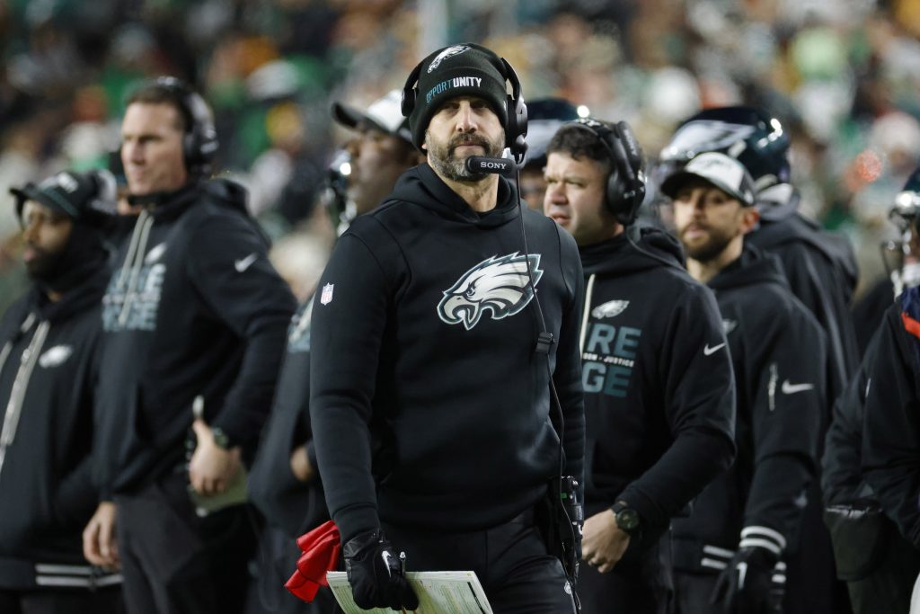 Dec 20, 2025; Landover, Maryland, USA; Philadelphia Eagles head coach Nick Sirianni looks on from the sidelines against the Washington Commanders during the first half at Northwest Stadium.