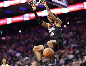 Jan 31, 2026; Philadelphia, Pennsylvania, USA; Philadelphia 76ers forward Dominick Barlow (25) dunks the ball against the New Orleans Pelicans during the fourth quarter at Xfinity Mobile Arena.