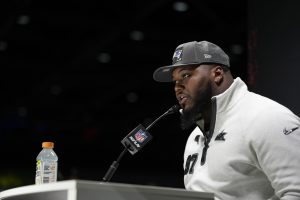 Feb 2, 2026; San Jose, CA, USA; New England Patriots defensive end Milton Williams (97) speaks to media during Opening Night for Super Bowl LX at San Jose Convention Center.