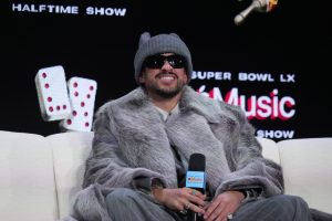 Feb 5, 2026; San Francisco, CA, USA; Bad Bunny during the Super Bowl LX halftime show press conference at Moscone Center.