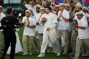 Feb 8, 2026; Santa Clara, CA, USA; Bad Bunny performs during the Half Time show in Super Bowl LX at Levi's Stadium.