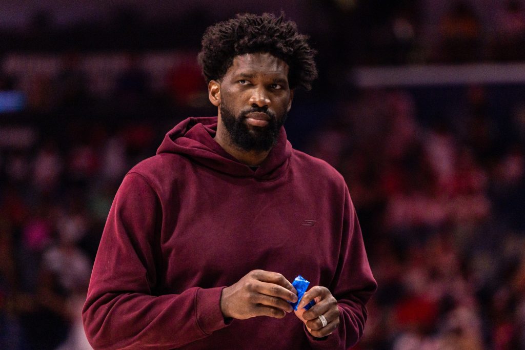 Feb 21, 2026; New Orleans, Louisiana, USA; Philadelphia 76ers center Joel Embiid (21) looks on against the New Orleans Pelicans during the first half at Smoothie King Center.