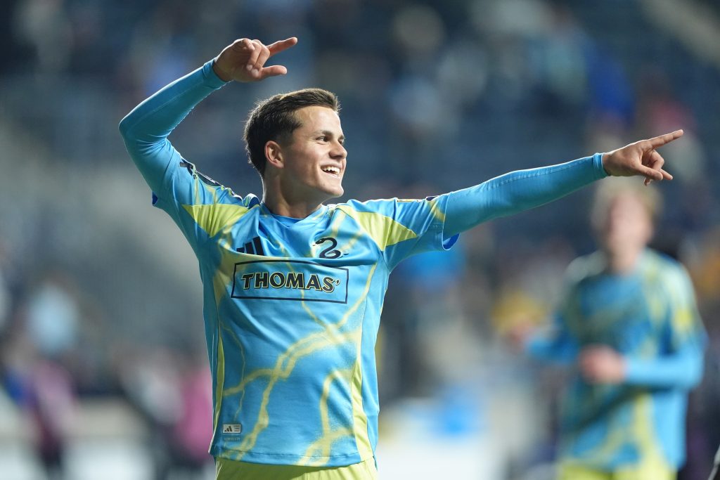 Feb 26, 2026; Chester, Pennsylvania, USA; Philadelphia Union midfielder Cavan Sullivan (6) reacts after scoring a goal against Defence Force FC in the second half at Subaru Park.