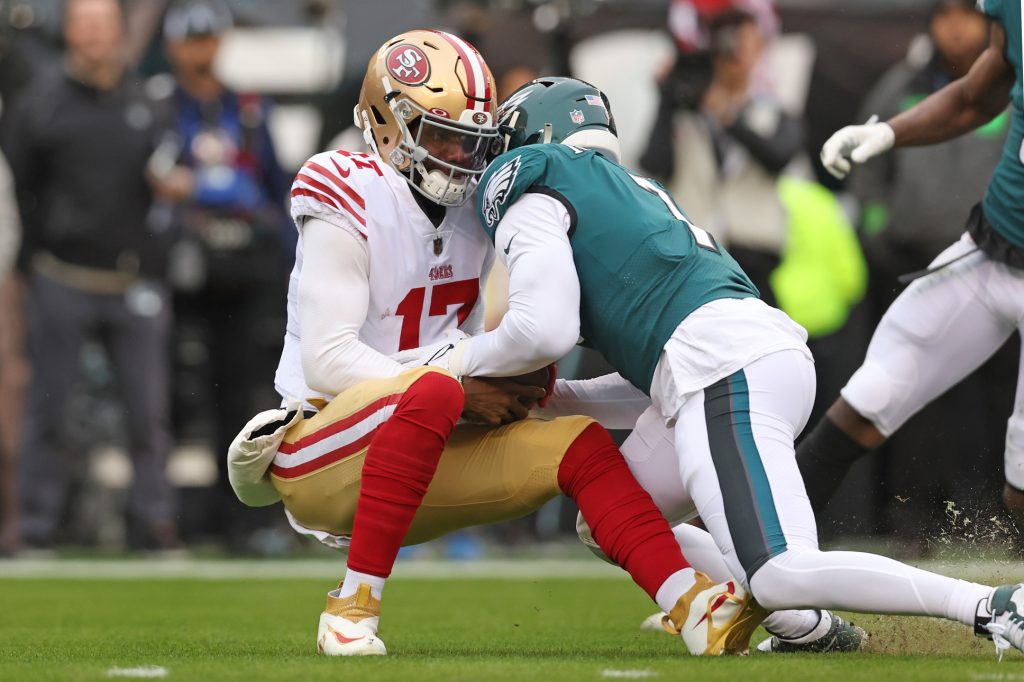 Jan 29, 2023; Philadelphia, Pennsylvania, USA; Philadelphia Eagles linebacker Haason Reddick (7) sacks San Francisco 49ers quarterback Josh Johnson (17) during the first quarter in the NFC Championship game at Lincoln Financial Field.