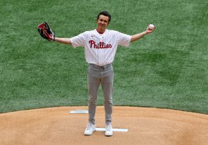 [US, Mexico & Canada customers only] June 9, 2024; London, UNITED KINGDOM; Television actor Rob McElhenney throws out the ceremonial first pitch before a London Series baseball game between the Philadelphia Phillies and New York Mets at Queen Elizabeth Olympic Park. Mandatory Credit: