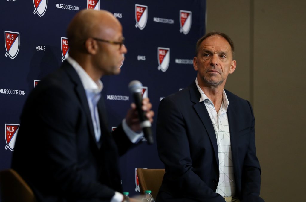 Jul 24, 2024; Columbus, Ohio, USA; Philadelphia Union sporting director Ernst Tanner speaks to media members about league rule changes at the Hilton Hotel.