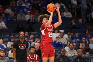 Feb 9, 2025; Memphis, Tennessee, USA; Temple Owls guard Aiden Tobiason (25) shoots the ball against the Memphis Tigers during the second half at FedExForum.