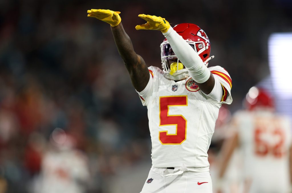 Oct 6, 2025; Jacksonville, Florida, USA; Kansas City Chiefs wide receiver Marquise Brown (5) celebrates after a play during the first half against the Jacksonville Jaguars at EverBank Stadium.