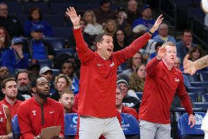Jan 14, 2026; Memphis, Tennessee, USA; Temple Owls head coach Adam Fisher reacts during the first half against the Memphis Tigers at FedExForum.
