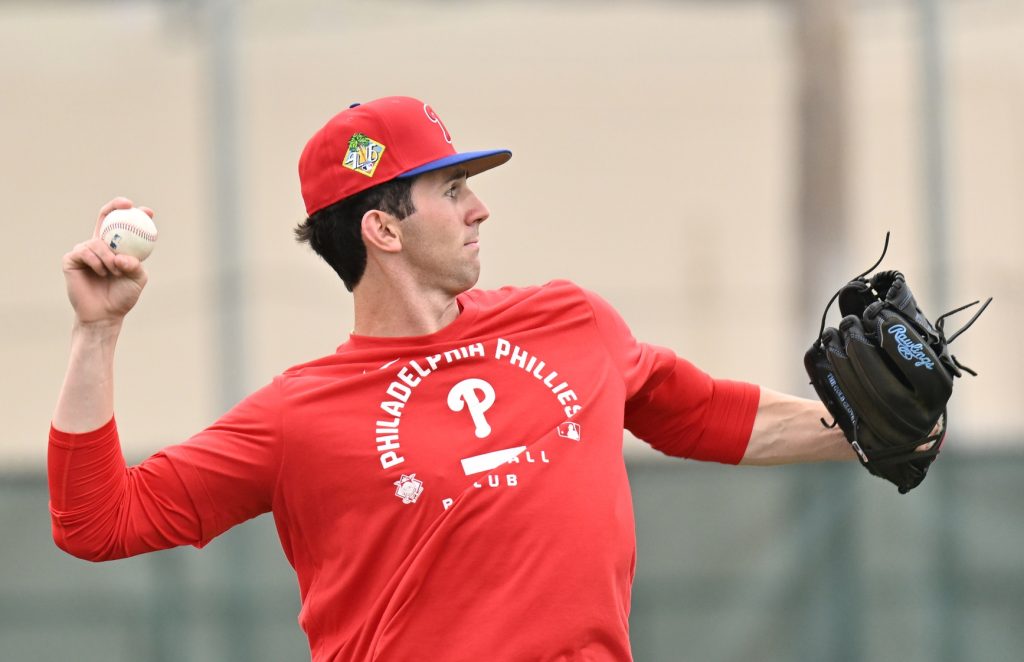 Feb 11, 2026; Clearwater, FL, USA; Philadelphia Phillies pitcher Andrew Painter (23) warms up during spring training at BareCare Ballpark.