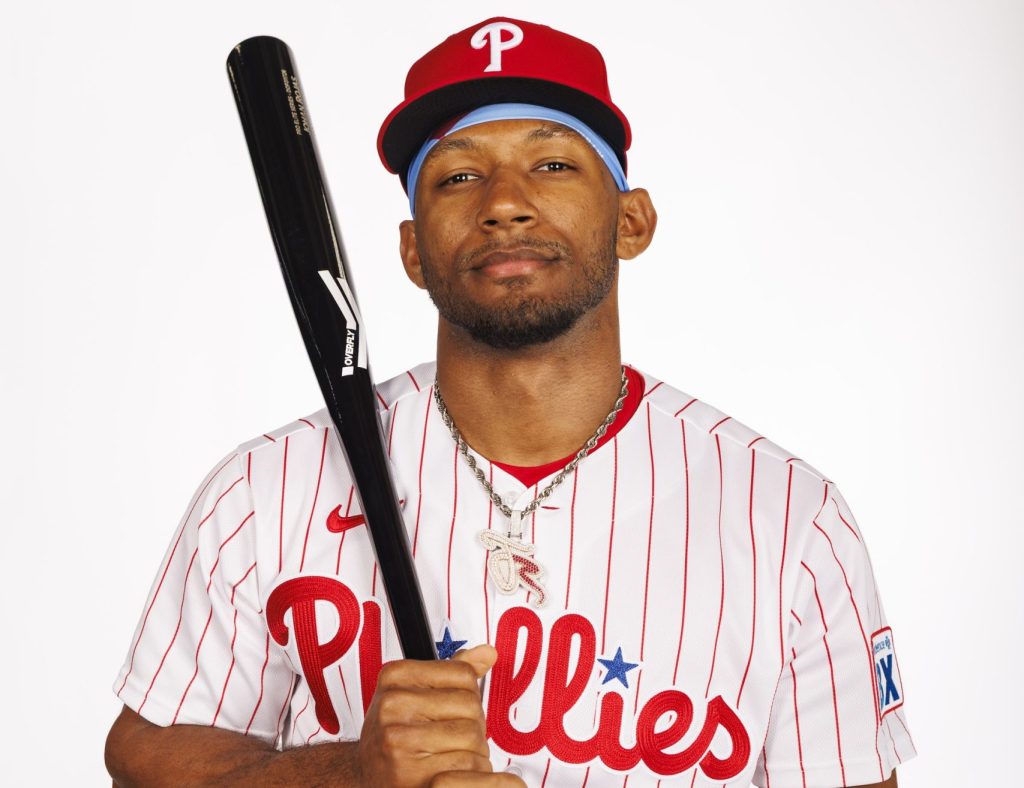 Feb 19, 2026; Clearwater, FL, USA; Philadelphia Phillies outfielder Johan Rojas (23) poses for media day.