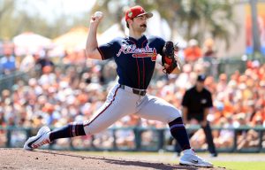 Feb 28, 2026; Sarasota, Florida, USA; Atlanta Braves starting pitcher Spencer Strider (99) throws a pitch against the Baltimore Orioles during the first inning at Ed Smith Stadium.