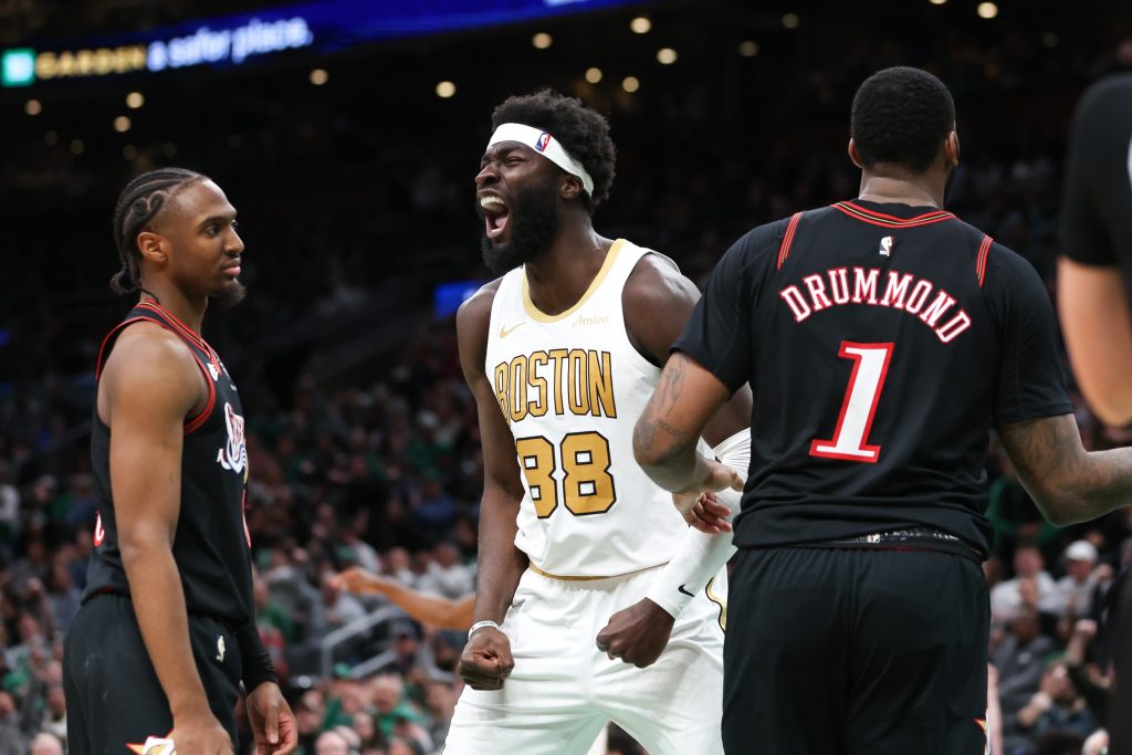 Mar 1, 2026; Boston, Massachusetts, USA; Boston Celtics center Neemias Queta (88) reacts during the second half against the Philadelphia 76ers at TD Garden.
