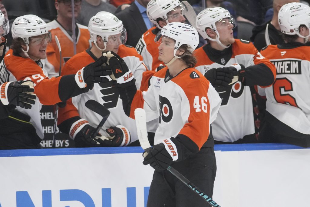 Mar 2, 2026; Toronto, Ontario, CAN; Philadelphia Flyers forward Trevor Zegras (46) gets congratulated after scoring the winning goal in the overtime shoot out against the Toronto Maple Leafs at Scotiabank Arena.