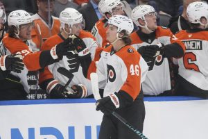 Mar 2, 2026; Toronto, Ontario, CAN; Philadelphia Flyers forward Trevor Zegras (46) gets congratulated after scoring the winning goal in the overtime shoot out against the Toronto Maple Leafs at Scotiabank Arena.