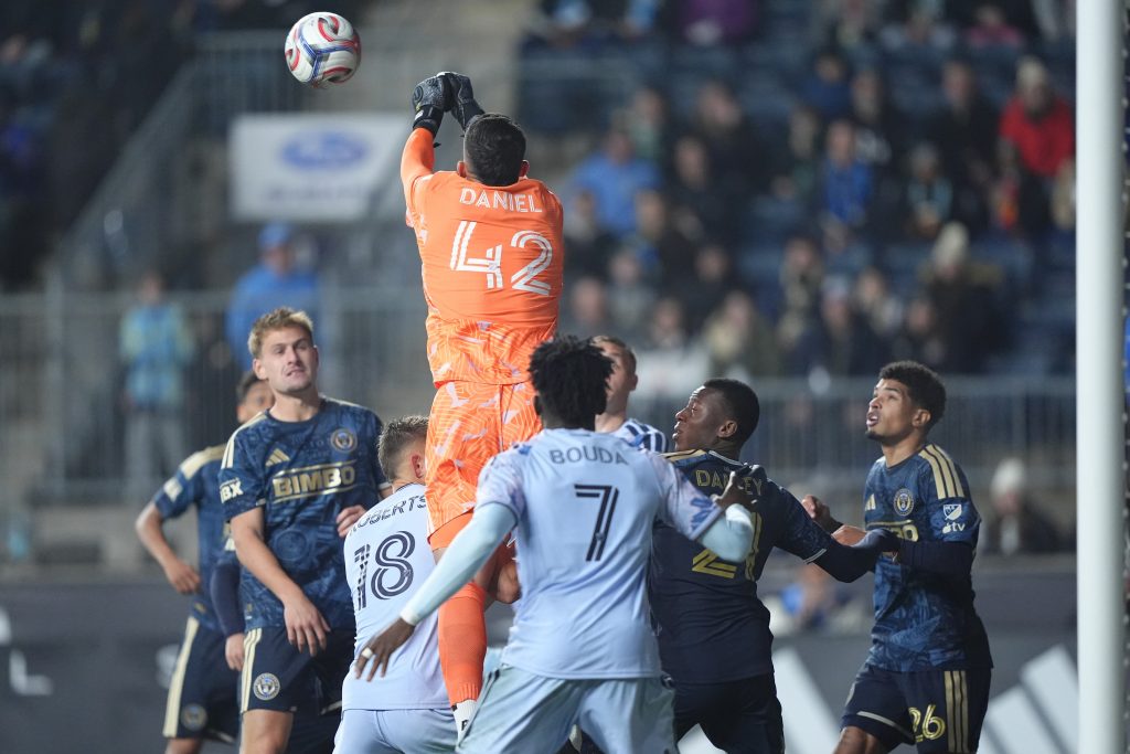Mar 7, 2026; Chester, Pennsylvania, USA; San Jose Earthquakes goalkeeper Daniel (42) makes a save against the Philadelphia Union in the second half at Subaru Park.