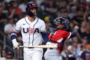 Mar 7, 2026; Houston, TX, United States; United States first baseman Bryce Harper (24) reacts to striking out against Great Britain during the fourth inning at Daikin Park.