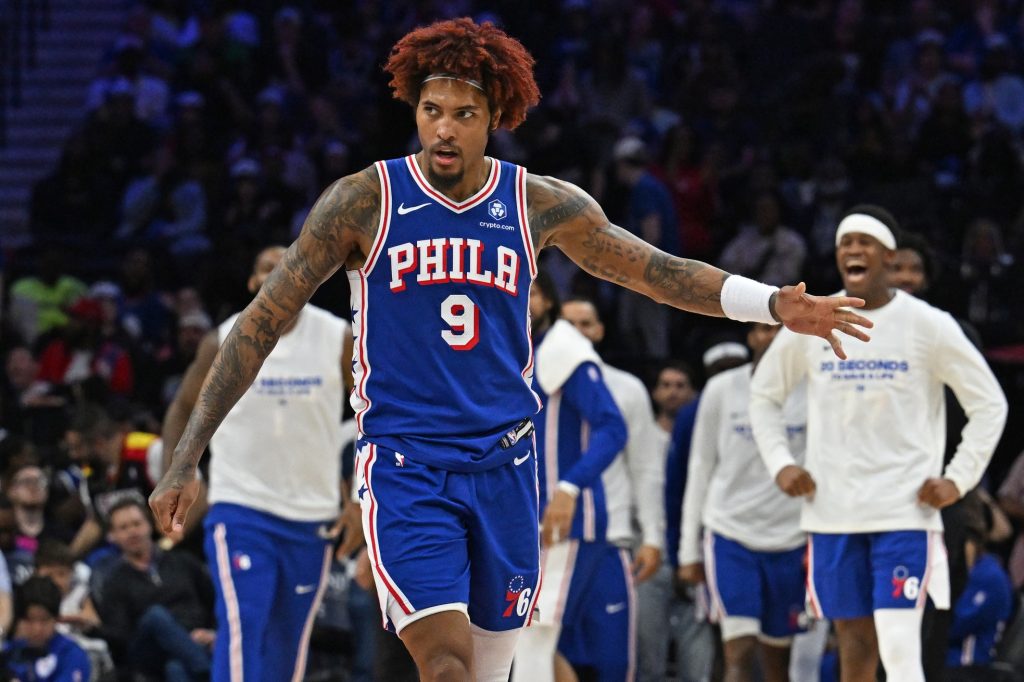 Mar 10, 2026; Philadelphia, Pennsylvania, USA; Philadelphia 76ers guard Kelly Oubre Jr. (9) against the Memphis Grizzlies during the fourth quarter at Xfinity Mobile Arena.