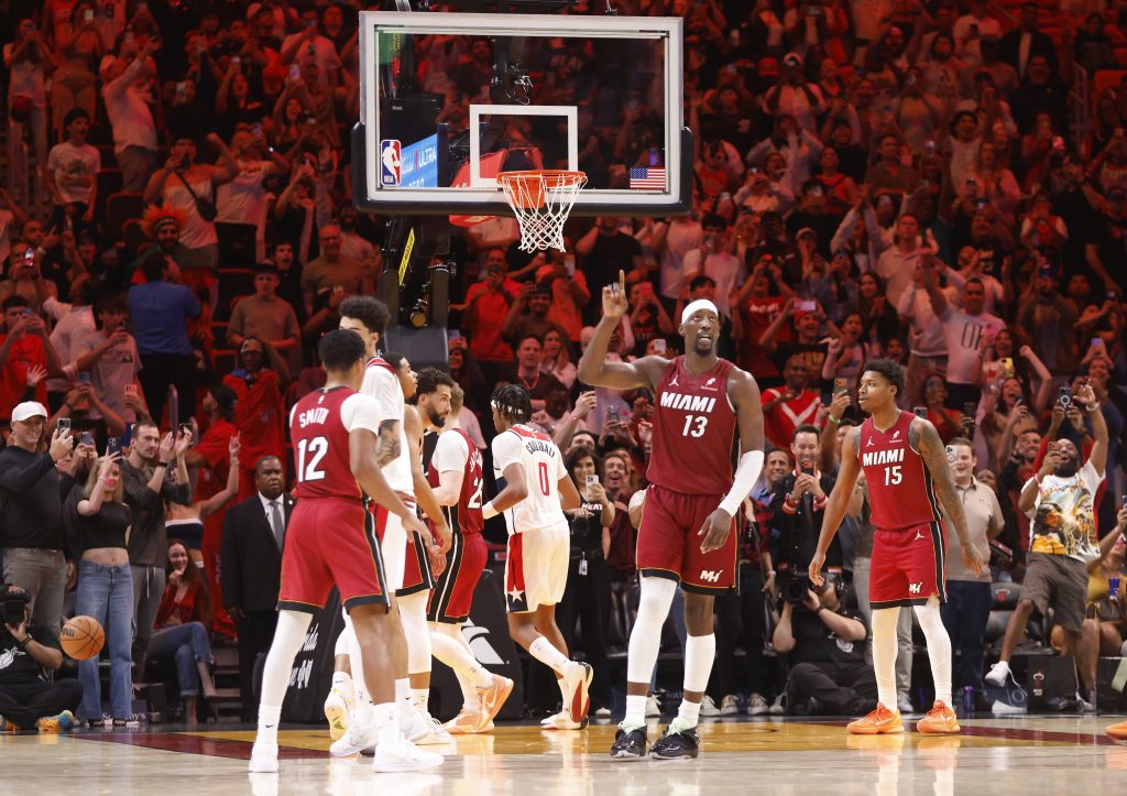 Mar 10, 2026; Miami, Florida, USA; Miami Heat center Bam Adebayo (13) reacts after becoming the NBA's second highest scorer of points in a game against the Wshington Wizards at Kaseya Center.
