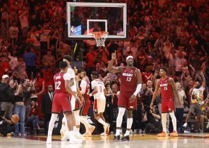 Mar 10, 2026; Miami, Florida, USA; Miami Heat center Bam Adebayo (13) reacts after becoming the NBA's second highest scorer of points in a game against the Wshington Wizards at Kaseya Center.