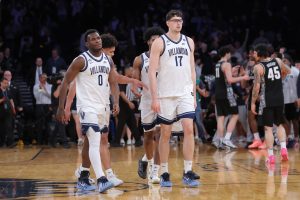 Mar 12, 2026; New York, NY, USA; Villanova Wildcats guard Chris Jeffrey (0) and center Braden Pierce (17) walk off the court after losing to the Georgetown Hoyas at Madison Square Garden.